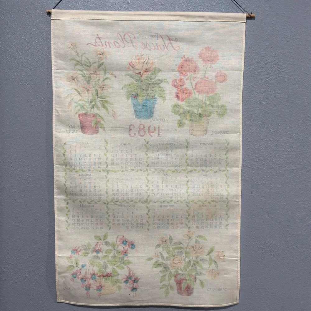 Vintage 1983 Popular House Plants Linen Calendar Tea Towel Wall Hanging Retro